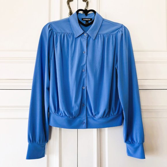 Soft & Drapey Light Blue Button-Front Banded-Hem Collared Blouson Top XXS - Picture 2 of 16